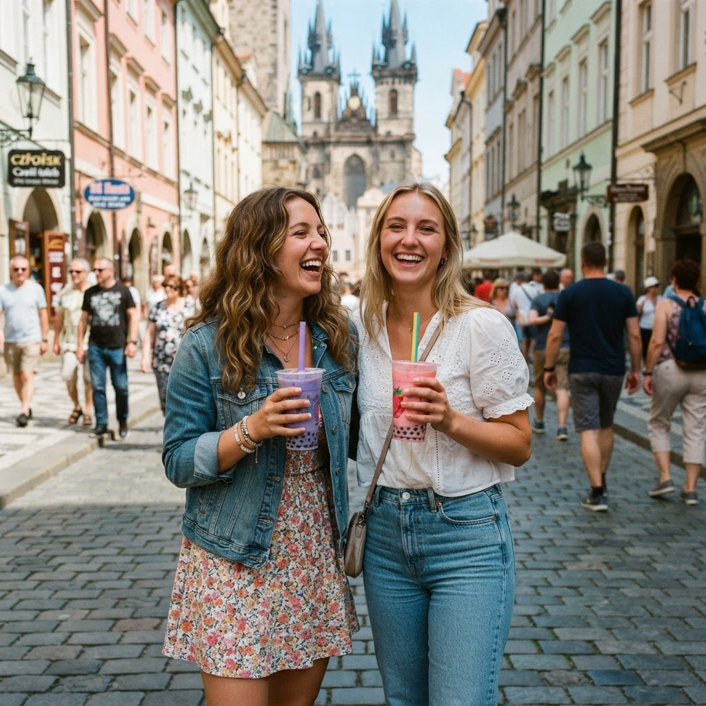 Přátelé s nápoji v centru Prahy