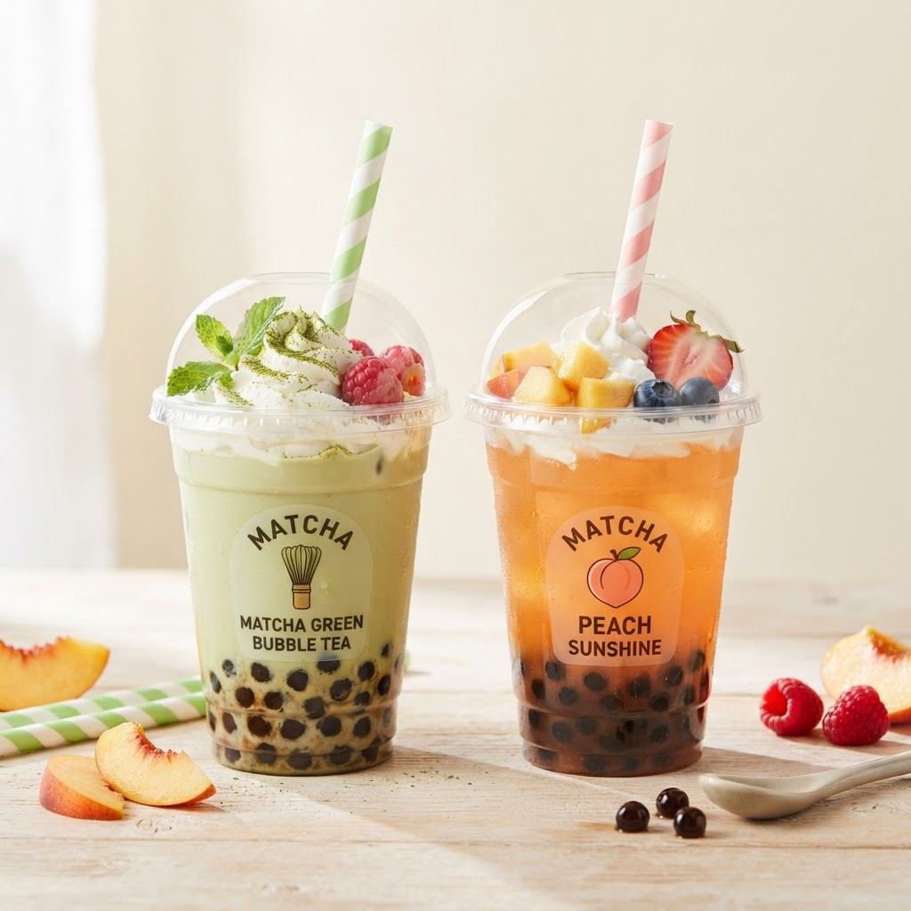Dva barevné bubble tea nápoje s tapiokovými perličkami